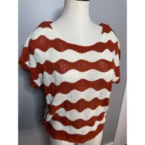 Forever 21 White & Burn Orange Wavy Stripe Open Knit Sweater Top Acrylic Medium